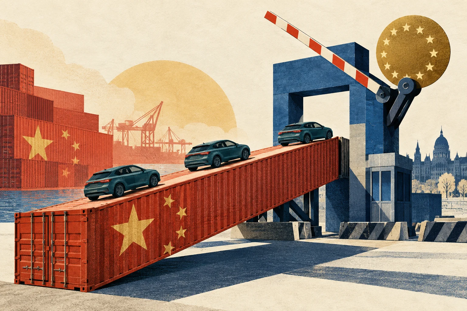 Illustration: Autos fahren über einen Schiffscontainer zu einer europäischen Zollschranke.