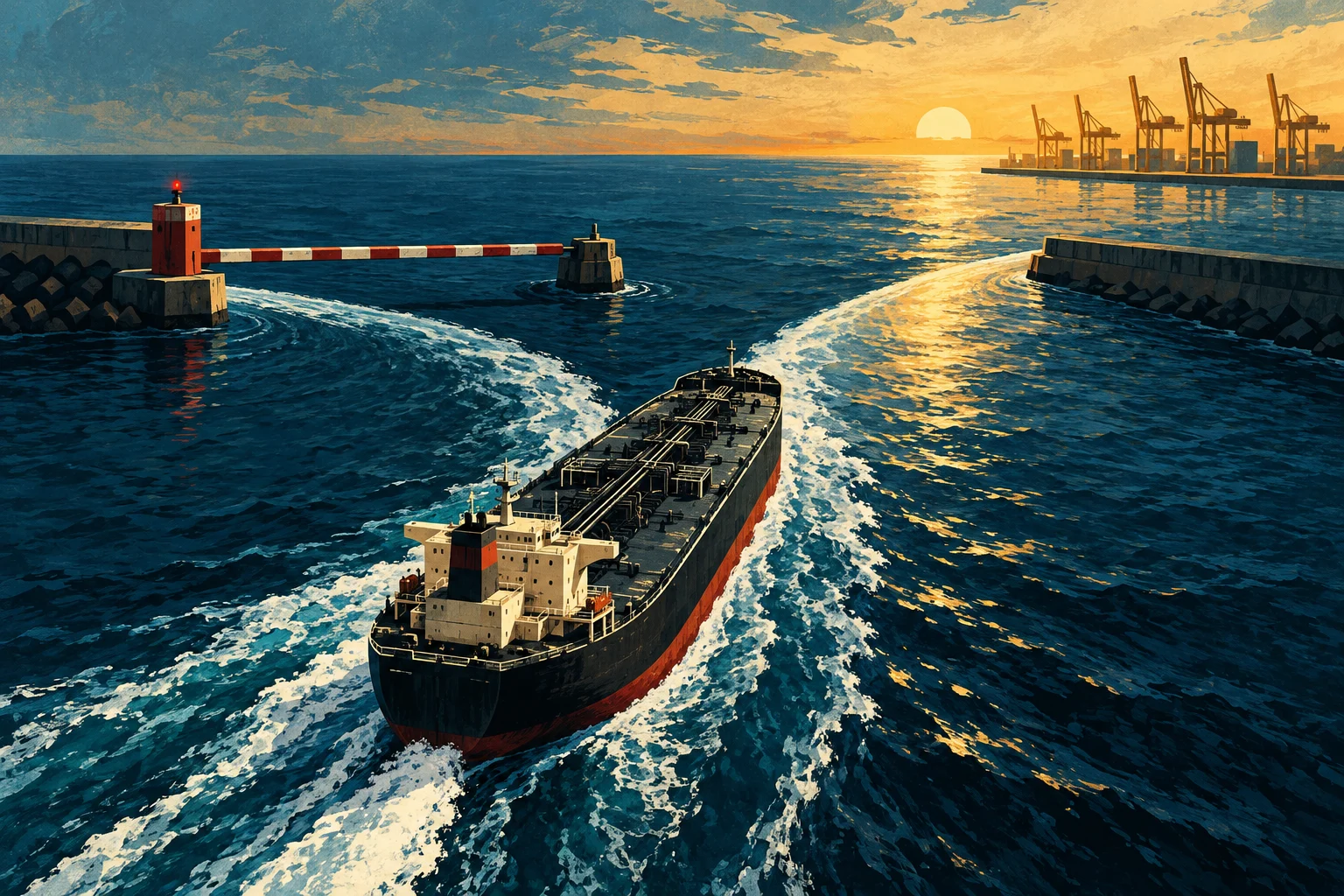 Illustration: Ein Tanker vor einer Hafenbarriere und einem zweiten offenen Seeweg.