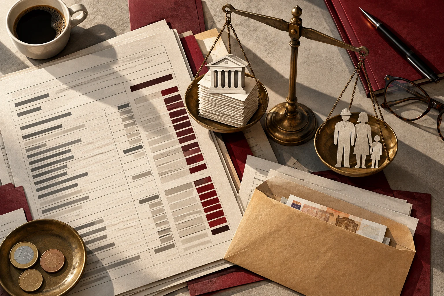 Symbolische Papiercollage zur Steuerpolitik: Eine Waage trägt ein Behördengebäude und eine Familie; daneben liegen Formulare, Münzen und ein Geldumschlag.