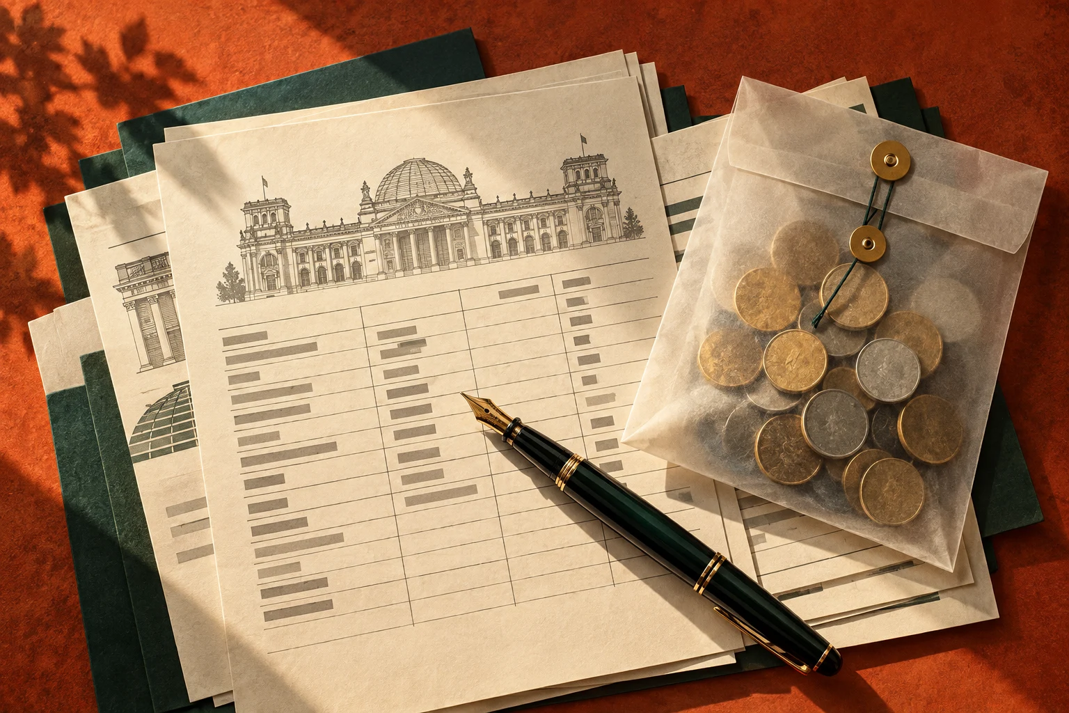 Symbolische Illustration: Offenlegungsunterlagen, Umschlag mit Münzen und Füllfederhalter.