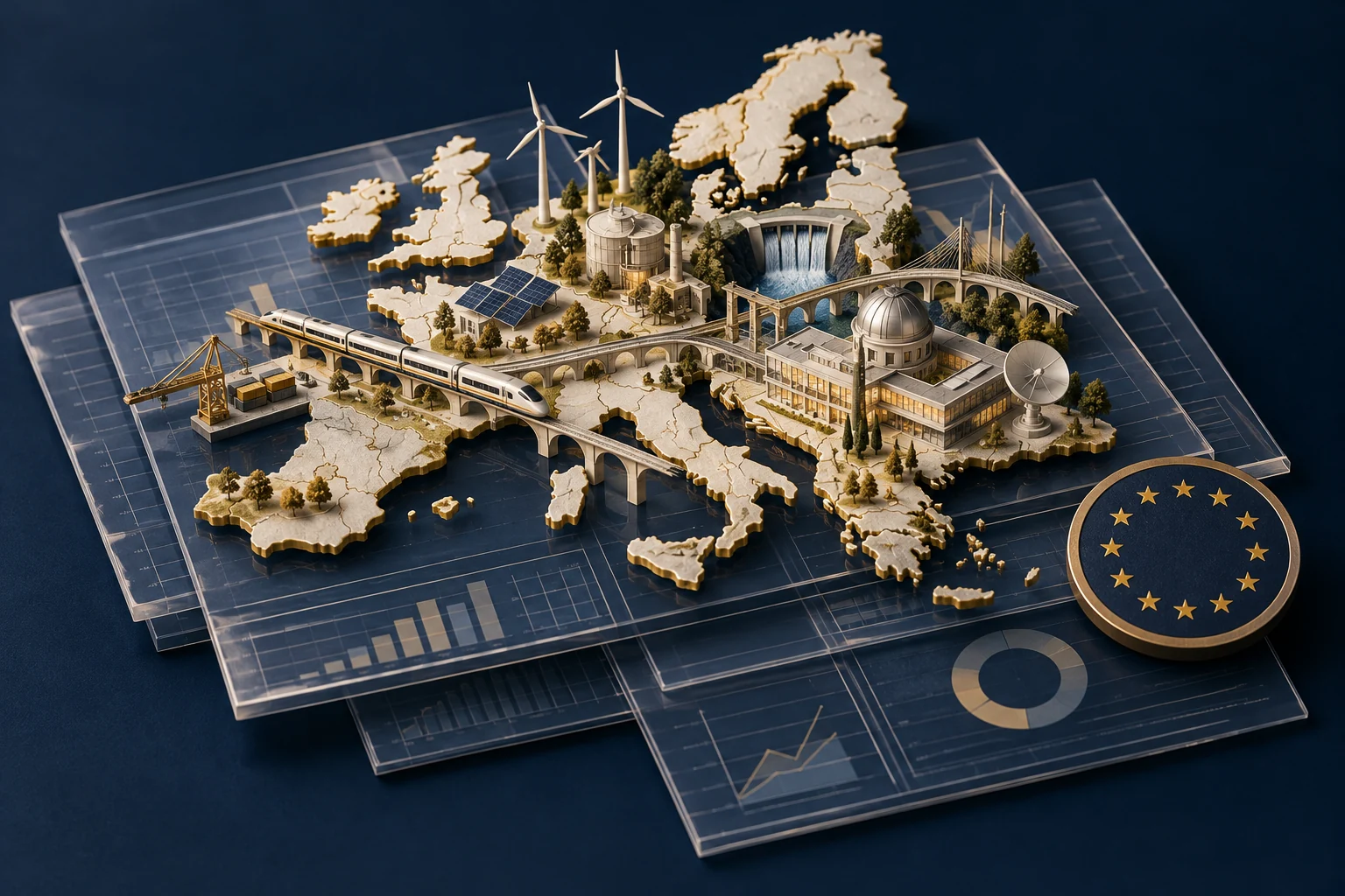 Symbolische Illustration europäischer Haushaltsaufgaben: ein Landschaftsmodell mit Bahn, Energieanlagen und Forschung auf transparenten Planungsunterlagen; keine Datengrafik.