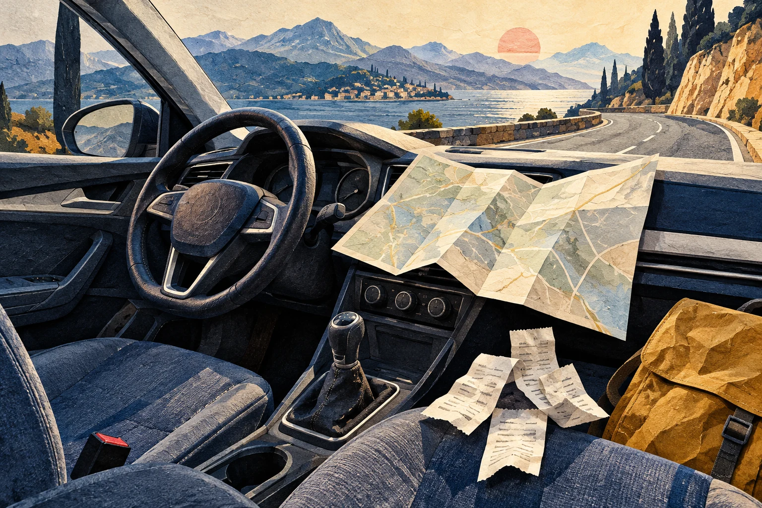 Illustration eines leeren Autoinnenraums mit Lenkrad, gefalteter Straßenkarte, Papierbelegen und Rucksack; durch die Scheibe ist eine kurvige Straße zu sehen.