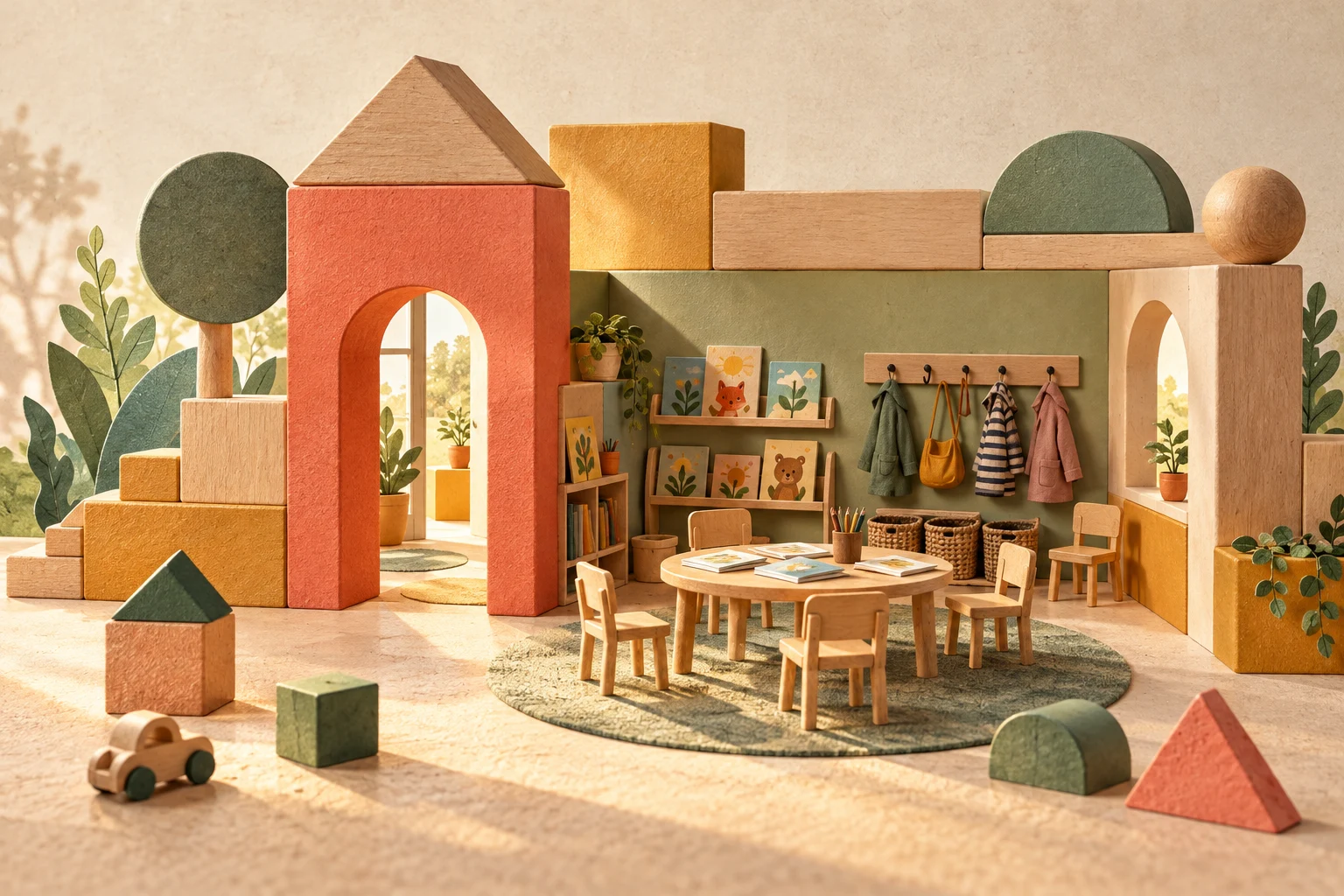 Symbolische Illustration: Holzbausteine bilden einen Raum mit kleinen Stühlen und Bilderbüchern.