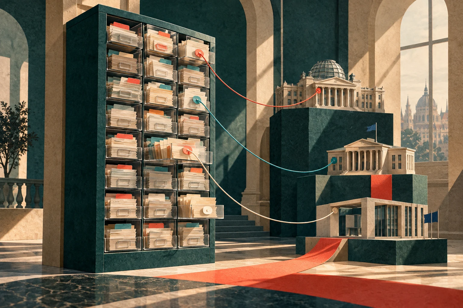 Symbolische Illustration: Dokumentenschrank und Verbindungen zu öffentlichen Institutionen.