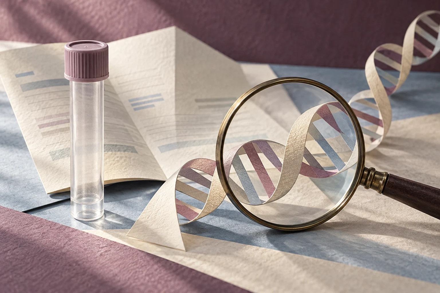Symbolische Papiercollage zu Pränataltests: Eine Lupe über einer stilisierten DNA-Doppelhelix, daneben ein Probenröhrchen und Unterlagen ohne lesbare Daten.