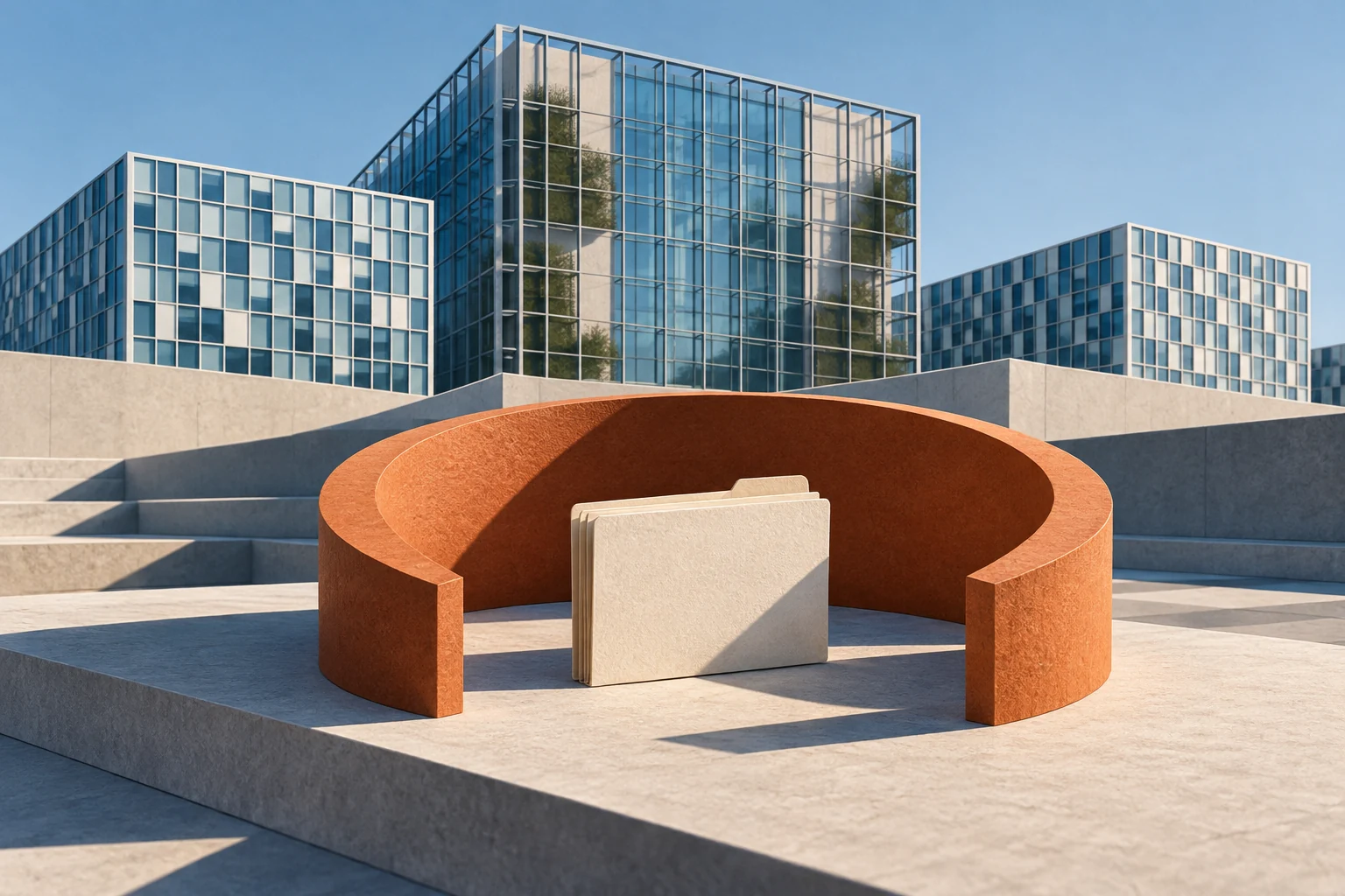 Symbolische Illustration internationaler Justiz: moderne Glasgebäude, Aktenmappe und ein schützender Bogen.