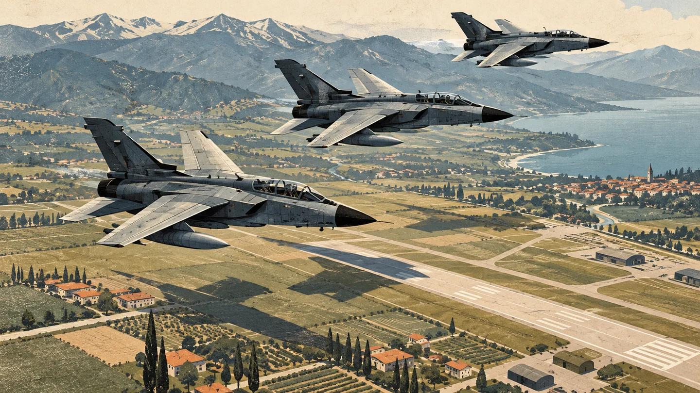 Symbolische Illustration dreier Militärflugzeuge über einem Flugplatz
