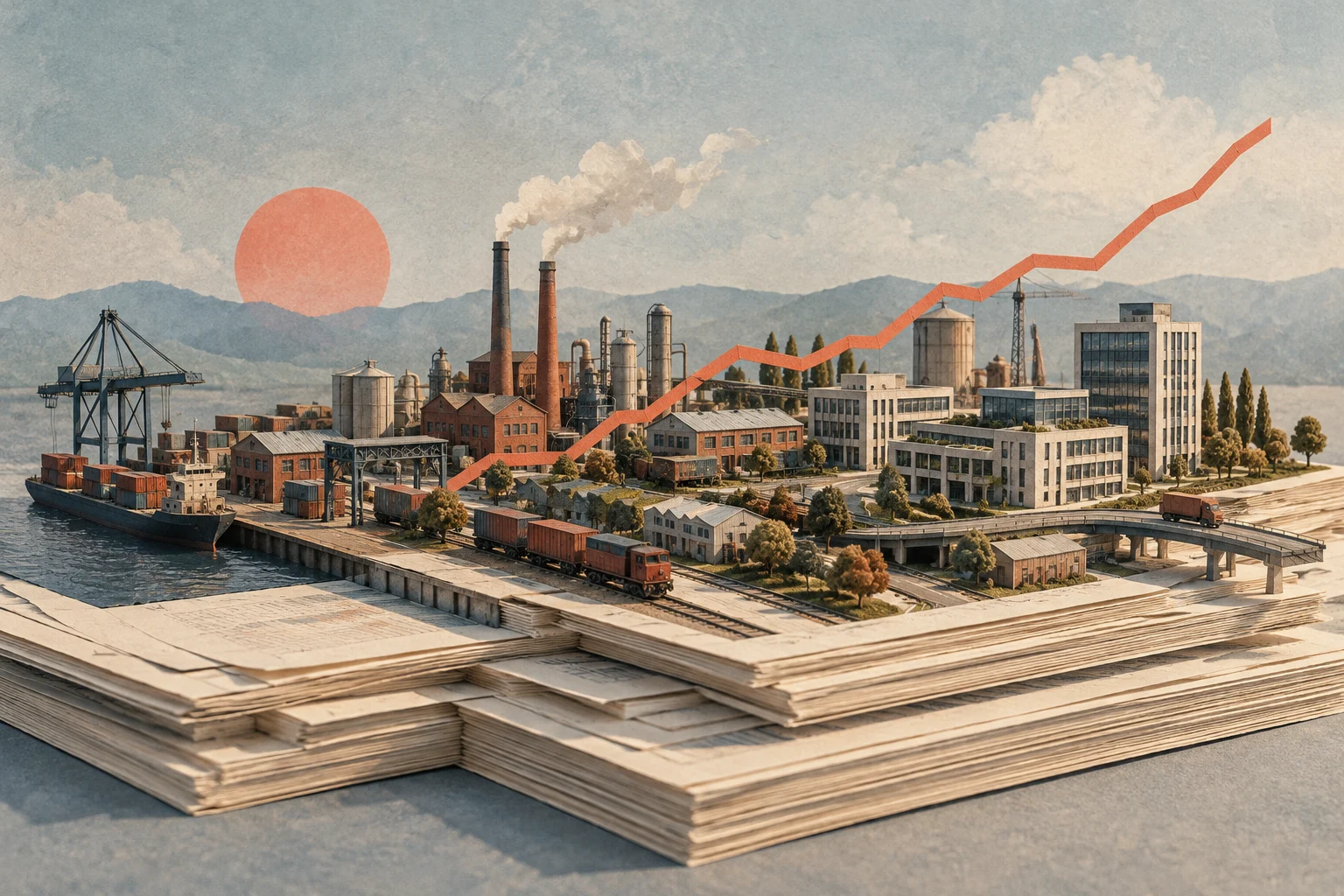 Symbolische Illustration: Industrielandschaft auf Papier mit aufsteigender grafischer Linie; keine Datengrafik.