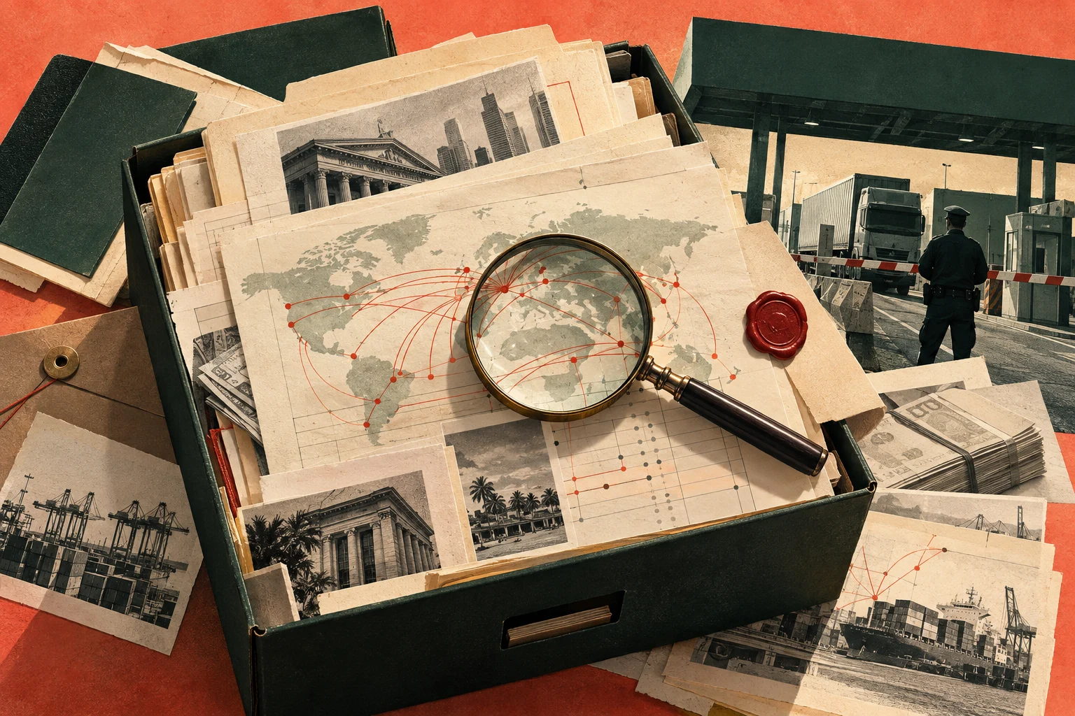 Symbolische Illustration: Dokumentenbox, Lupe, Finanzverbindungen und Zollkontrolle.