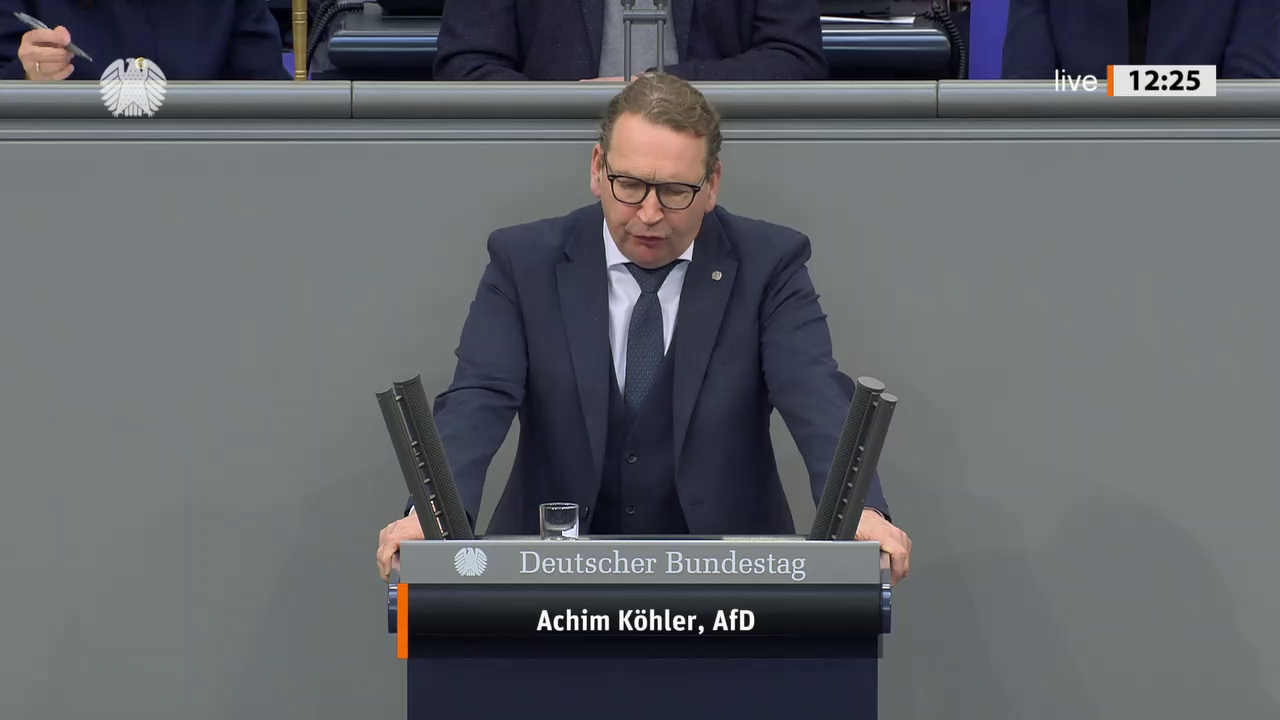 Achim Köhler bei einer Bundestagsrede · Standbild vom 2026-01-16