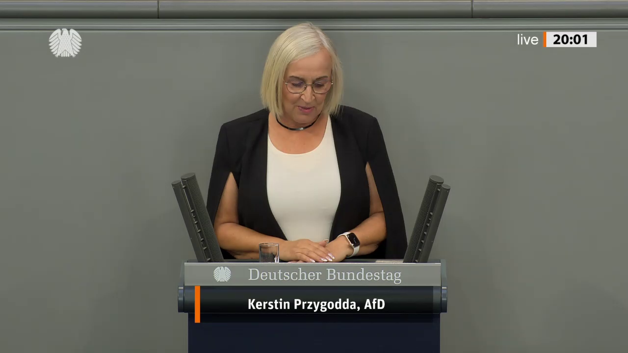 Kerstin Przygodda bei einer Bundestagsrede · Standbild vom 2026-07-09